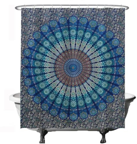 Ulticool Duschvorhang - Mandala Blau - 180 x 200 cm – Waschbar – Anti Schimmel - Wasserdicht - mit 12 Ringe - Blau