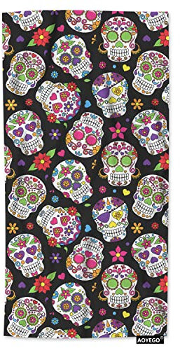 AOYEGO Totenkopf Handtuch Zucker Totenkopf Blume Skelett Kopf Halloween Tag der Toten Handtücher Baumwolle Gesichtshandtuch Bad Küche Dekor Set für Frauen Männer Mädchen Jungen 38,1 x 76,2 cm