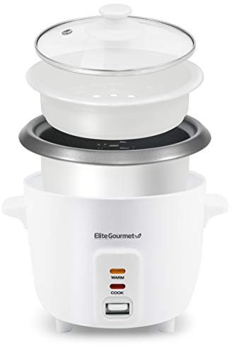 Elite Gourmet ERC-006NST# Olla arrocera eléctrica con interior antiadherente, para hacer sopas, guisos, granos, cereales calientes, con función de mantenimiento del calor, 6 tazas, blanco
