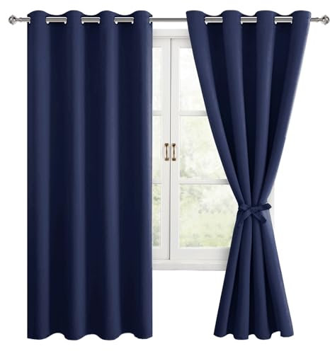 DWCN Navy Blue Blackout Curtains with Tiebacks for Bedroom Thermal Insulated Solid Eyelet Curtains for Living Room,2 Panels,52 Wide x 54 Drop