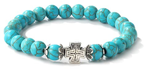 YUTTTPL Boho Türkis Armband für Damen, Naturstein Perlen Armband 8mm Chakra Armreif mit 925 Sterling Silber Anhänger Boho Schmuck für Frauen (C-Kreuz)
