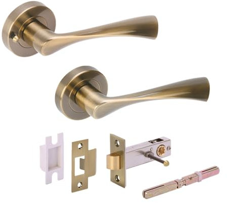 HANDLEZONE® Zena Privacy Lever On Round Rose Door Handles, with Privacy Latch, for Bathroom, Toilet, WC Doors, 1 Set - Antique Bronze