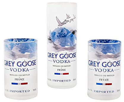 Lot de 3 verres à vodka gris oie, lot de 3 pièces, environ 500 ml (B) 300 ml (S), 7.62 cm de diamètre, verres recyclés et respectueux de l'environnement pour boire du jus, du whisky, des cocktails