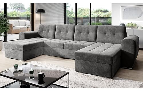 MODERNO Bari Wohnlandschaft Sofa mit Schlaffunktion Couch U-Form Schlafsofa mit Bettkasten Ecksofa Schlafcouch Moderne Wohnzimmermöbel Eckcouch Veloursstoff Steppsofa Grau