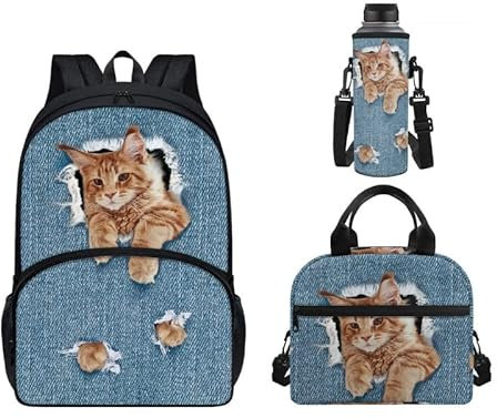 Howilath 1 lot de 3 sacs à dos avec sac isotherme pour bouteille d'eau, motif drapeau américain, chat, Sac à dos décontracté