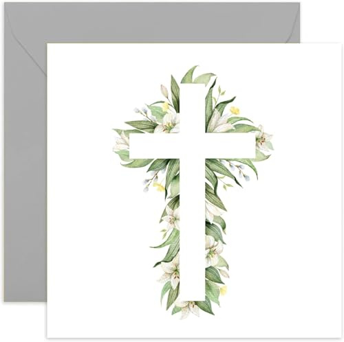 Old English Co. - Biglietto di auguri con croce religiosa, per Pasqua, motivo a fiori di giglio, con sagoma a croce, per battesimo, prima comunione, con busta