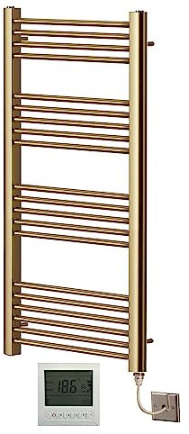 Greened House Electric Brushed Brass Straight Heated Towel Rail 500mm Wide x 1200mm High Flat Towel Radiator + Timer and Thermostat