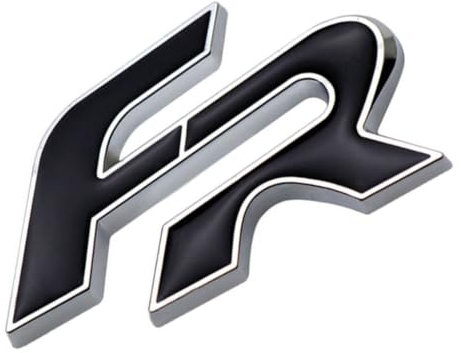 AUTOZOCO Emblem FR, Aufkleber FR, passend für hinten, kompatibel mit Seat, Serie FR, Abzeichen Metall FR Edition, Karosserieaufkleber, Kennzeichnung FR, 4,5 x 6,5, schwarze Buchstaben und silberne