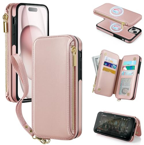 Antsturdy 2 in 1 Detachable for iPhone 15 Wallet case with Magsafe,RFID Blocking Magnetic Wireless Charging PU Leather Phone case Flip Folio Cover Card Holder Wrist Strap Women,Rose Gold