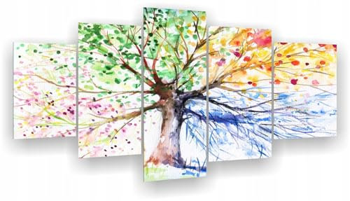 HUBDECO 5-Teiliges Leinwand Bild Wohnzimmer - Bilder, Poster, Kunstdrucke - Leinwandbild - Bild auf Leinwand - Tolle Zimmerdekoration - Schlafzimmer Bilder - 158x90 cm Bäume Vier Jahreszeiten