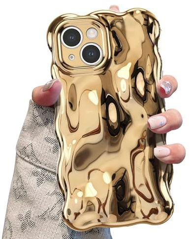 UEEBAI Case for iPhone 14, Cute Solid Color Curly Wave Shape Shockproof Soft TPU Bumper Phone Case, Candy Color Water Ripple 3D Silicone Slim Pretty Case Non-yellowing Cover - Gold
