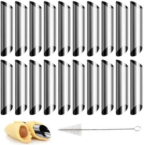 21 Stück Cannoli Formen, Edelstahl Schaumrollenformen Klein, 12.5×2.5 cm | Cannoli Röhrchen mit Reinigungsbürste, Cannoli Backform, Schillerlockenform, Croissant Form, Sahnehornformen