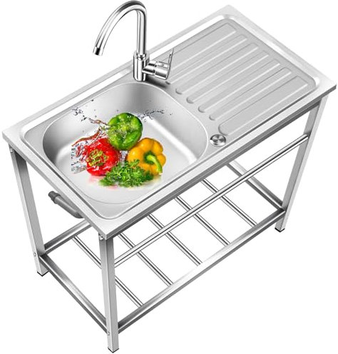Küche Spülbecken Edelstahl Waschbecken Ausgussbecken für Waschküche Garten Hinterhof Terrasse Outdoor Garage Reinigung Waschstation mit Klammer einfache tragbare Händewaschstation Fischreinigungstisch