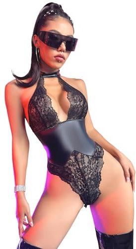TUYMNI Damen Lackleder Kleid Rock Lack Leder Kleid Dessous Reissverschluss Club Anzug Enge Kleidung Lederkleid Bodysuit Masche Pyjamas für Frau Liebhaber Hochzeitstag Party