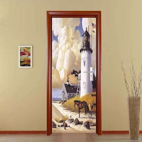 Türtapete Selbstklebend Türposter 3D Weißer Leuchtturm-Cartoon 77 X 200 Cm Türaufkleber Fototapete 3D Effekt Türfolie Wandtattoo Wandbild - Diy Wohnzimmer Schlafzimmer Büro Wohnkultur Dekorat -8O1U8V2
