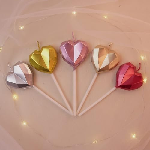 Dzxin Herzförmige Geburtstagskerzen, 6 Pcs Birthday Cake Candle Geburtstagskerze Für Torte, Metallic Herzförmige Kuchenkerzen für Dekorative Geburtstagstorte, Hochzeit Party(5 Farben)