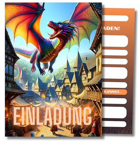 HIDEBLOOM Drachen Einladungskarten Kindergeburtstag Junge I 12 Stück I DIN A6 (10,5 cm x 14,8 cm) I Ritter Geburtstag I Geburtstagseinladungen Kinderparty I Einladungskarten Mittelalter Drache