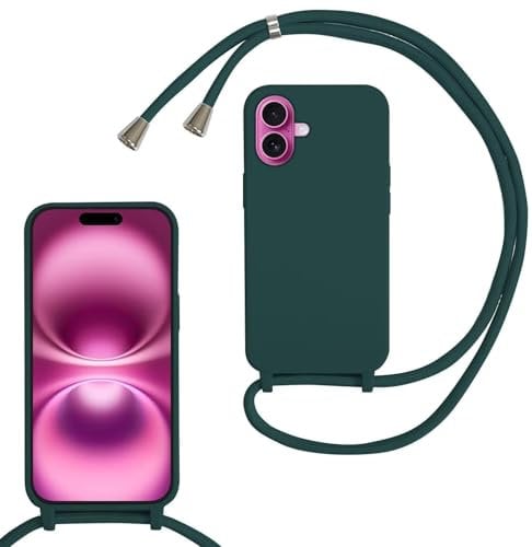 SLWYF Compatible with iPhone 16 Crossbody Lanyard Case, Liquid Silicone Protective Phone Case with Strap Adjustable Neck Cord Necklace Soft Cover for iPhone 16, Dark green
