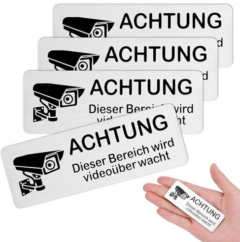 JIZZU 4 Stück Schild Videoüberwachung, 8.5x3 cm Selbstklebend Aluminium Schild Warnschild, Hinweisschild Achtung Videoüberwachung Privatgrundstück, Rostfrei (Silber-Schwarz)