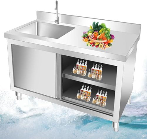 Edelstahl Spültisch Spülenschrank, Mit Spüle Und Armatur, Outdoor Spüle, Freistehende Mobile Schranktür, Mit Unterschrank, Spülbecken Ausgussbecken Küchenspüle, Für Außen Werkstatt Küche(100x50cm)