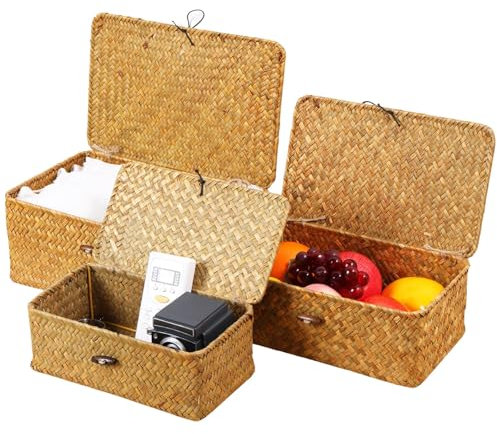 Gatphy Lot de 3 Panier De Rangement Osier avec Couvercle Panier Osier Rectangulaire Tissées à la Main Panier Rangement Salon Chambre Salle de Bain pour Organiser Articles