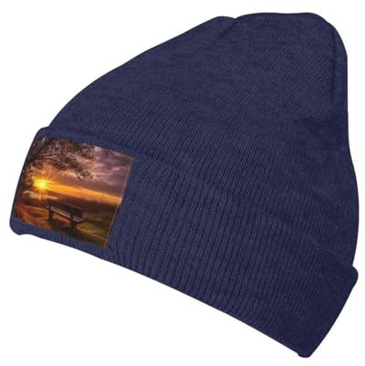 Lonely Bench Sonnenuntergang Herren Damen Unisex Erwachsene Strickmütze Wollmütze, warme und bequeme Mütze, marineblau, Einheitsgröße