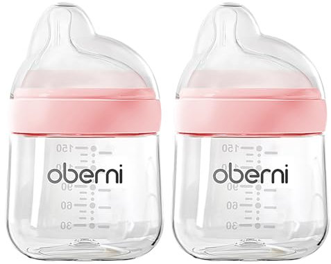 Oberni Baby Bottles with Slow Free Flow Off-Centered Teat for 0+ Months, Anti Colic Newborn Milk Feeding Bottle, 150ml/5oz/Pink/2Pack