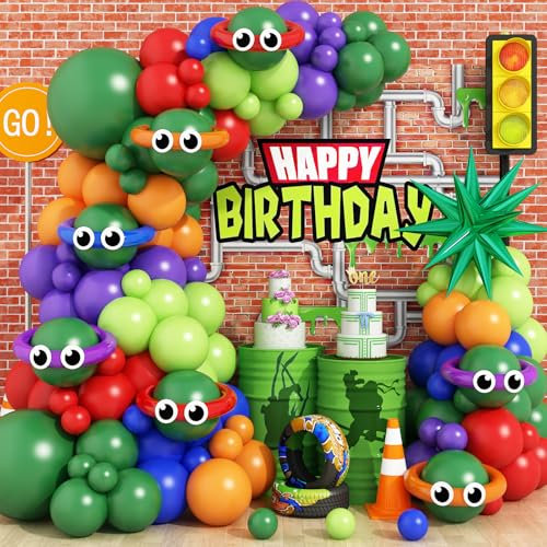 Green Red Blue Purple Balloon Arch with Star Foil Balloons Long Balloons, Colorful Balloon Garland for Girls Boys Video Game Cartoon Green Theme Birthday Party Favors Supplies