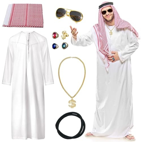 Pardofelis Scheich Kostüm Herren, Araber Kostüm, Arabisches Weißes Gewand mit Kopftuch Finger Ring Halsketten Sonnenbrillen, Karneval Scheich Kostüm Set für Fasching Party Cosplay