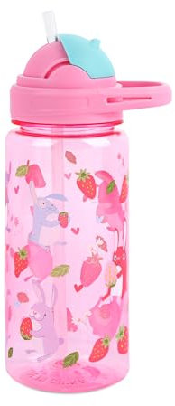 Kids Water Bottle with Flip-Up Straw and Carry Handle for School/Sports/Daycare/Travel, BPA-Free, Lightweight, Leak-Proof Durable Plastic Drinking Cup for Girls Boys Toddlers 600ml (Bunny Strawberry)