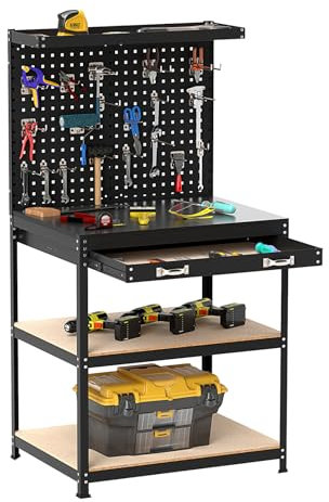 COSTWAY Banco da Lavoro con Piano da 80 x 40 cm, Banco da Lavoro Officina con Pannello Forato e 20 Ganci Porta Attrezzi, Tavolo da Lavoro per Garage con Cassetto e 2 Mensole (Nero)