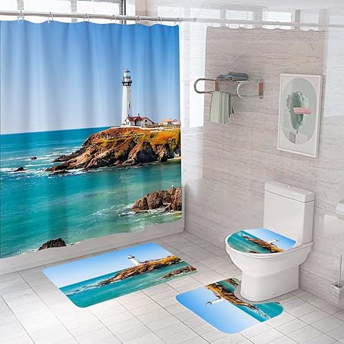 Badezimmerteppich Leuchtturm Badteppich rutschfest Waschbar Badgarnitur 3 Teilig – Badematte Set Mit Wc-Vorleger Und Badematte,Teppich Badezimmer Für Sicherheit Und Komfort Im Bad 50×80Cm