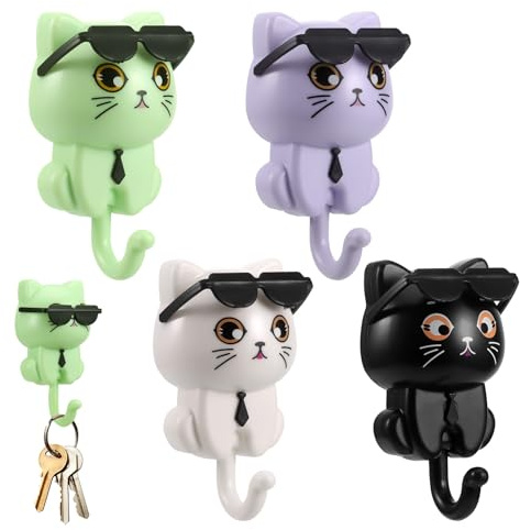 MICHIHOMIE 4 Stück Schlüsselhaken Selbstklebend, Katzen Sonnenbrille Kleiderhaken Kinder, Cartoon Schlüsselhalter, Kreative Wandhaken Katze für Garderobe, Wand Dekoration
