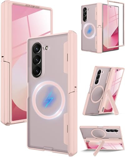 Miimall Case pour Samsung Z Fold 6 avec Mag-Safe, [Film Protecteur][Protection de Charnière][Béquille Pliable], Robuste Antichoc Résistant aux Rayures Rigide Magnetique Coque Z Fold 6 Féminine(Rose)