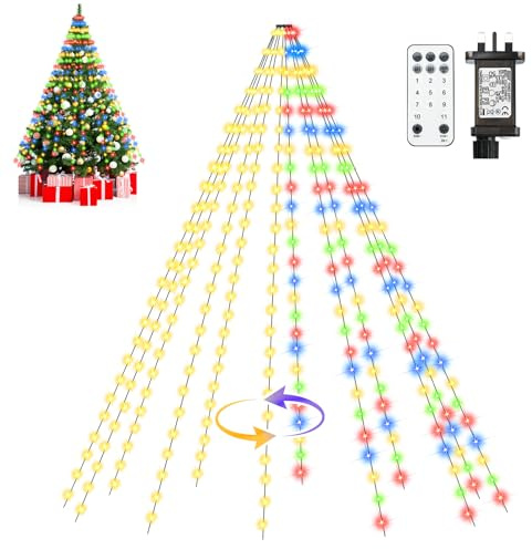 Twinkle Star Christmas Tree Lights Multicoloured & Warm White 2 in 1 for Indoor Outdoor, 2m 12 Strands 300LED Coloured Tree Lights with Remote/8 Modes/Timer Fairy Lights for Xmas Christmas Decorations