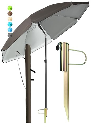 4smile Sonnenschirm Strand Ø 180 cm mit Rasendorn, 3-IN-1-SET, Taupe | Strandschirm windfest stabil, Rasendorn Sonnenschirmhalter, Schirmhülle – UPF 50+ Sonnenschirm, Schirmspieß für Garten