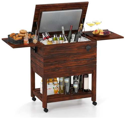 COSTWAY Kühlwagen, Getränkewagen mit 2 Seitenablagen, Flaschenöffner, unterer Ablage, Servierwagen aus Holz, Beistellwagen, Kühlbox, Getränkekühler, Eiswagen für Party, BBQ