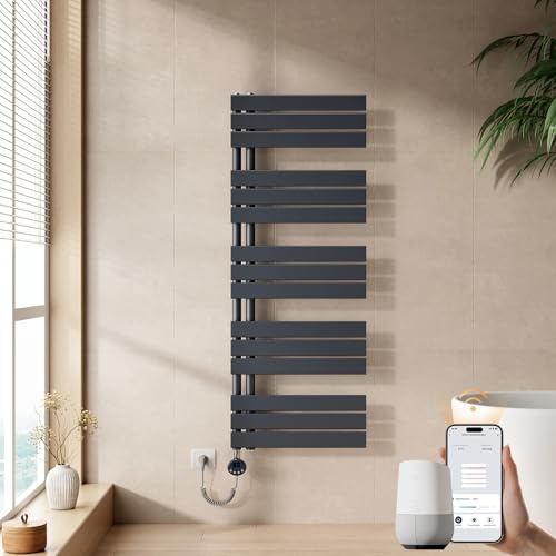EMKE WiFi Handtuchheizkörper Elektrisch 1320x500 mm - Flach Badheizkörper Elektrisch, Elektrischer Handtuchwärmer Handtuchtrockner Handtuchheizung mit Thermostat und Heizstab - 800W, Anthrazit