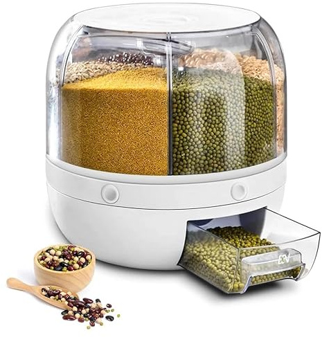 PIONEER GOODS 6in1 Rotating Rice Dispenser – 360° Airtight Dry Food & Grain Storage Box with 6 Grids, Transparent Cereal Container for Kitchen Organiser (White)