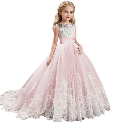 Discoball Robe de princesse pour fille, avec nœud à fleurs, mariage, bal de fin d'année, demoiselle d'honneur, robe de fête pour fille de 6 à 15 ans, robe longueur ras du sol, rose, 12-13 ans