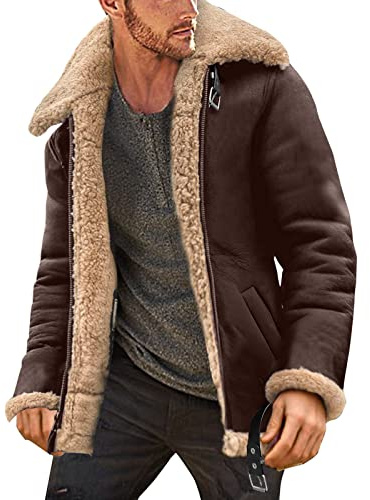 Wildleder Mantel Herren Gefüttert Wildlederjacke Lässige Lederjacke mit Taschen Männer Felljacke Cowboy Jacke Vintage Leder Fliegerjacke Retro Winterjacke Warm Teddy Fleecejacke
