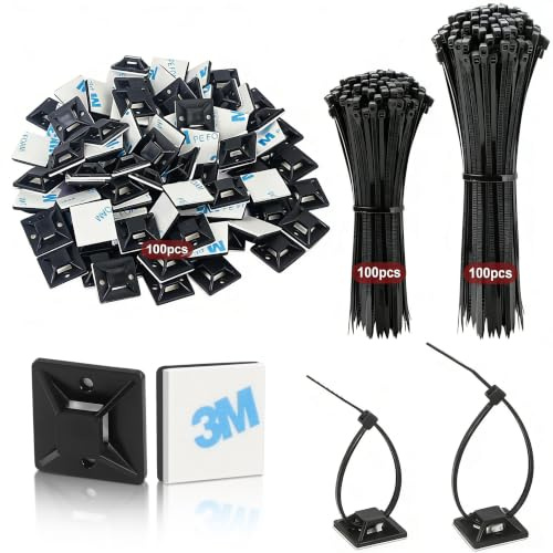 300 Stück Klebesockel für Kabelbinder Schwarz, 120mm+150mm Kabelbinder und 20×20mm Selbstklebende Klebepads Set, Nylon Kabelbefestigung Kabelhalter Kabelclips Klebe Halter für Heim & Büro