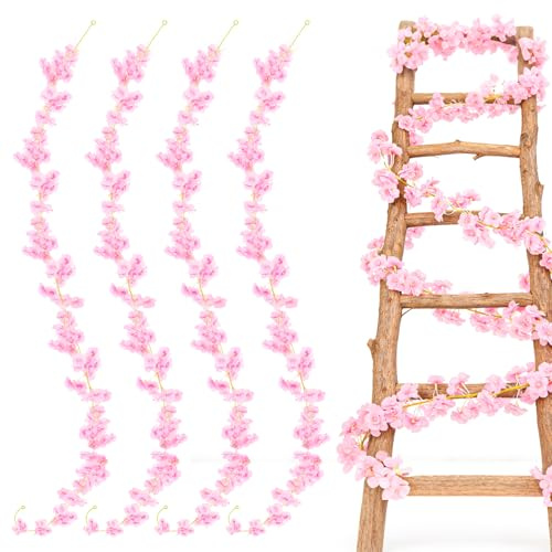 4 Stück Künstliche Kirschblüten Girlande Blumenranke,180cm Künstliche Blumengirlande Deko,Kirschblütengirlande,Künstliche Blume Girlande für Wand, Treppe und Hochzeitsdekoration, Deko Wohnzimmer
