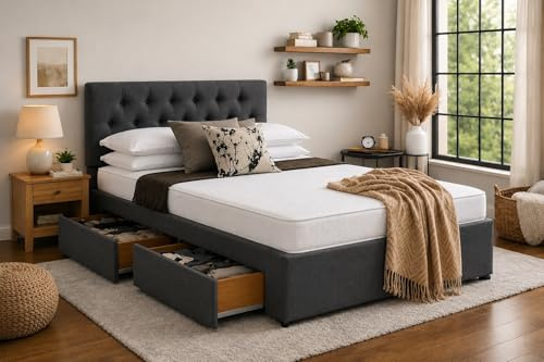 SLUMBR Luxury Divan Bed with Mattress | Double 4FT6 | Chenille Charcoal Grey | 2 Storage Drawers | Toronto Headboard | Bed Frame with Mattress Included