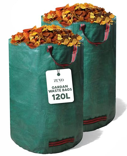 Zuvo Garden Waste Bags 120L (Pack of 2) Heavy Duty Reusable Garden Bags with Handles - Green Waste Sacks for Leaves, Grass, Weeds & Garden Rubbish | Foldable Garden Sacks