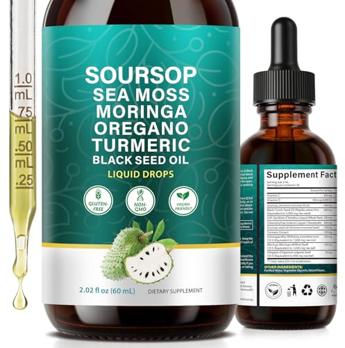 Soursop Bitters Liquid Drops 10 in 1 with Sea Moss, Moringa, Turmeric, Black Seed Oil, Oregano | Herbs Soursop Bitters Extracts for Digestive Wellness & Immune Function 2 Fl Oz