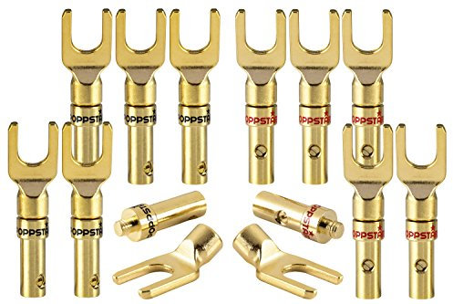 Poppstar 12x Kabelschuhe, Gabelstecker für elektrische Verbindung von Lautsprecherkabeln bis 4mm² Querschnitt, Stecker 24k vergoldet