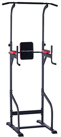 Ultrasport Power Tower, Multifunktionale Kraftstation für ein vielseitiges Training Zuhause, Kraftturm , Dip Station, Klimmzugstange, Liegestützgriffe, in der höhe verstellbar, Schwarz - Rot