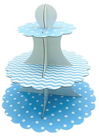 KADISA PORTADULCES MODULAR DE CARTÓN 3 PISOS LUNARES Y RAYAS REVERSIBLE 1U PARA CELEBRACIONES, CUMPLEAÑOS, BODAS, COMUNIONES, DETALLES, REGALOS, FIESTAS, MESAS DULCES, PASTELERÍA (AZUL PASTEL)