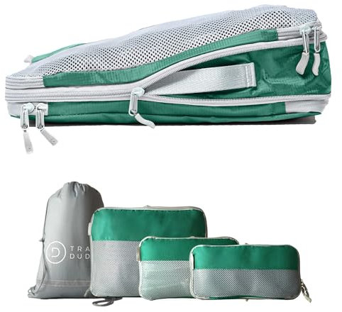 TRAVEL DUDE Packwürfel Set mit Kompression aus recycelten Plastikflaschen | Packing Cubes | Packtaschen Set für Rucksack & Koffer | Extra leichte Kleidertaschen (Olivgrün, 4-teilig)